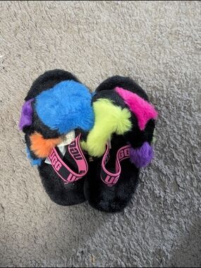 Toddler UGG Black Plush Slides with Neon Multi Fur Accents